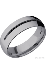 7 mm wide/Domed/Tantalum band with a Half Eternity arrangement of .015 carat Round Black Diamond stones in a Channel setting.