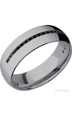 7 mm wide/Domed/Tantalum band with a Half Eternity arrangement of .015 carat Round Black Diamond stones in a Channel setting.