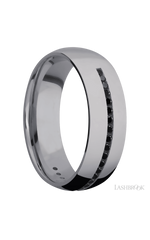 7 mm wide/Domed/Tantalum band with a Half Eternity arrangement of .015 carat Round Black Diamond stones in a Channel setting.