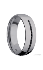 7 mm wide/Domed/Tantalum band with a Half Eternity arrangement of .015 carat Round Black Diamond stones in a Channel setting.