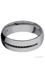 7 mm wide/Domed/Tantalum band with a Half Eternity arrangement of .015 carat Round Black Diamond stones in a Channel setting.
