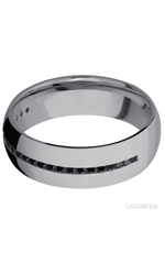 7 mm wide/Domed/Tantalum band with a Half Eternity arrangement of .015 carat Round Black Diamond stones in a Channel setting.