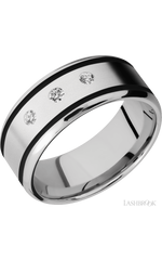 9 mm wide/Beveled/Cobalt Chrome band with two 1 mm Wide inlays of Black and featuring an arrangement of 3, .05 carat Round Diamond stones in a Flush setting