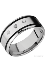 9 mm wide/Beveled/Cobalt Chrome band with two 1 mm Wide inlays of Black and featuring an arrangement of 3, .05 carat Round Diamond stones in a Flush setting