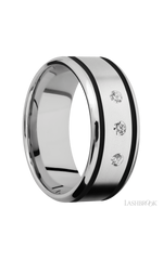 9 mm wide/Beveled/Cobalt Chrome band with two 1 mm Wide inlays of Black and featuring an arrangement of 3, .05 carat Round Diamond stones in a Flush setting