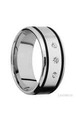 9 mm wide/Beveled/Cobalt Chrome band with two 1 mm Wide inlays of Black and featuring an arrangement of 3, .05 carat Round Diamond stones in a Flush setting