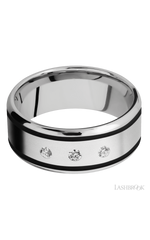 9 mm wide/Beveled/Cobalt Chrome band with two 1 mm Wide inlays of Black and featuring an arrangement of 3, .05 carat Round Diamond stones in a Flush setting