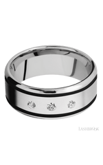 9 mm wide/Beveled/Cobalt Chrome band with two 1 mm Wide inlays of Black and featuring an arrangement of 3, .05 carat Round Diamond stones in a Flush setting