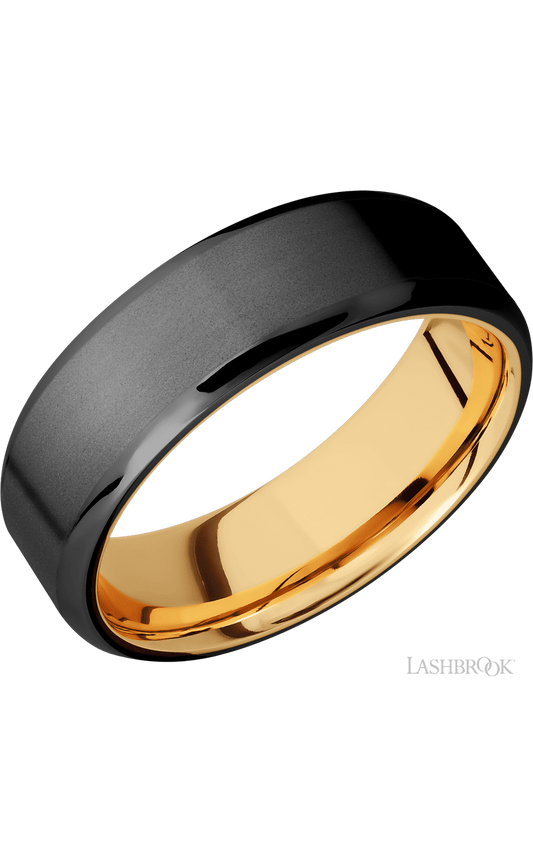 7 mm wide Beveled Zirconium band featuring a 14K Yellow Gold sleeve.