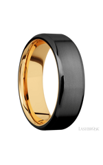 7 mm wide Beveled Zirconium band featuring a 14K Yellow Gold sleeve.