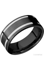 8 mm wide/Flat/Zirconium band with two 1 mm Wide inlays of 14K White Gold.