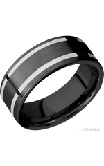 8 mm wide/Flat/Zirconium band with two 1 mm Wide inlays of 14K White Gold.