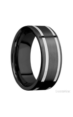 8 mm wide/Flat/Zirconium band with two 1 mm Wide inlays of 14K White Gold.