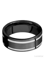 8 mm wide/Flat/Zirconium band with two 1 mm Wide inlays of 14K White Gold.