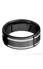 8 mm wide/Flat/Zirconium band with two 1 mm Wide inlays of 14K White Gold.