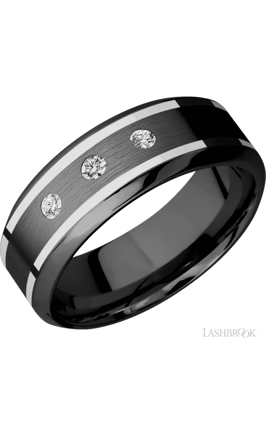 8 mm wide/High Bevel/Zirconium band with two 1 mm Wide inlays of 14K White Gold and featuring an arrangement of 3, .05 carat Round Diamond (ST) stones in a Flush setting