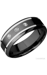 8 mm wide/High Bevel/Zirconium band with two 1 mm Wide inlays of 14K White Gold and featuring an arrangement of 3, .05 carat Round Diamond (ST) stones in a Flush setting