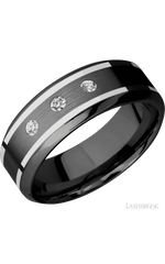 8 mm wide/High Bevel/Zirconium band with two 1 mm Wide inlays of 14K White Gold and featuring an arrangement of 3, .05 carat Round Diamond (ST) stones in a Flush setting