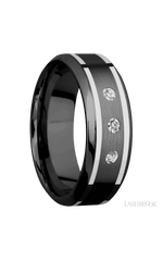 8 mm wide/High Bevel/Zirconium band with two 1 mm Wide inlays of 14K White Gold and featuring an arrangement of 3, .05 carat Round Diamond (ST) stones in a Flush setting