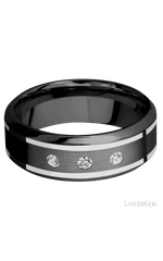 8 mm wide/High Bevel/Zirconium band with two 1 mm Wide inlays of 14K White Gold and featuring an arrangement of 3, .05 carat Round Diamond (ST) stones in a Flush setting