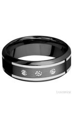 8 mm wide/High Bevel/Zirconium band with two 1 mm Wide inlays of 14K White Gold and featuring an arrangement of 3, .05 carat Round Diamond (ST) stones in a Flush setting