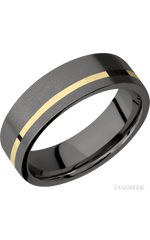 7 mm wide/Flat/Tantalum Noir band with one 1 mm Off Center inlay of 14K Yellow Gold.
