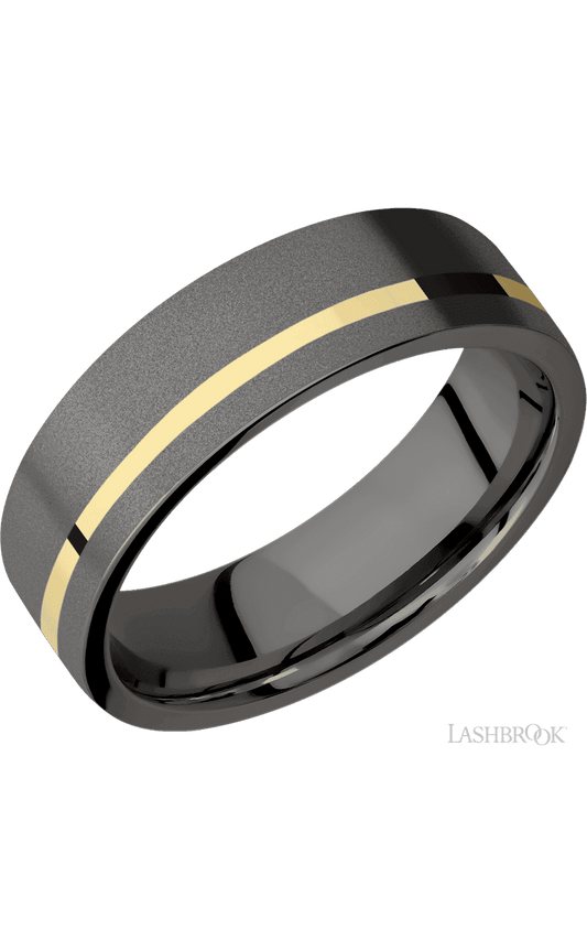 7 mm wide/Flat/Tantalum Noir band with one 1 mm Off Center inlay of 14K Yellow Gold.