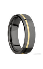 7 mm wide/Flat/Tantalum Noir band with one 1 mm Off Center inlay of 14K Yellow Gold.