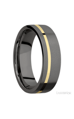 7 mm wide/Flat/Tantalum Noir band with one 1 mm Off Center inlay of 14K Yellow Gold.
