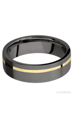 7 mm wide/Flat/Tantalum Noir band with one 1 mm Off Center inlay of 14K Yellow Gold.