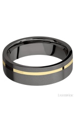 7 mm wide/Flat/Tantalum Noir band with one 1 mm Off Center inlay of 14K Yellow Gold.