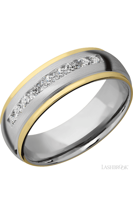 7 mm wide/Domed Stepped Down Edges/Cobalt Chrome band with an arrangement of 9, .05 carat Round Lab Grown Diamond stones in a Channel setting and featuring two 1 mm Edge inlays of 14K Yellow Gold