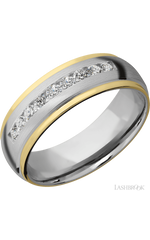 7 mm wide/Domed Stepped Down Edges/Cobalt Chrome band with an arrangement of 9, .05 carat Round Lab Grown Diamond stones in a Channel setting and featuring two 1 mm Edge inlays of 14K Yellow Gold