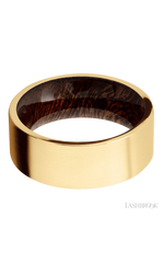 8 mm wide Flat 14K Yellow Gold band featuring a Sapele sleeve.