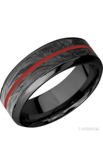 8 mm wide/High Bevel/Zirconium band featuring inlays of Forged Carbon Fiber and USMC Red.