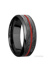8 mm wide/High Bevel/Zirconium band featuring inlays of Forged Carbon Fiber and USMC Red.