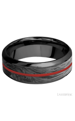 8 mm wide/High Bevel/Zirconium band featuring inlays of Forged Carbon Fiber and USMC Red.
