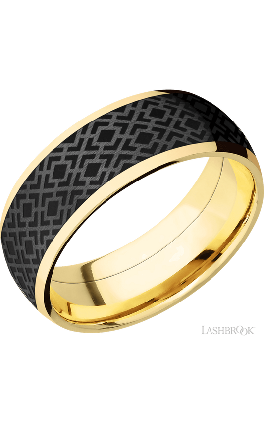 8 mm wide/Domed/14K Yellow Gold band with one 6 mm Centered inlay of Zirconium with a laser carved Trellis 2 pattern.