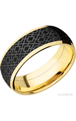 8 mm wide/Domed/14K Yellow Gold band with one 6 mm Centered inlay of Zirconium with a laser carved Trellis 2 pattern.