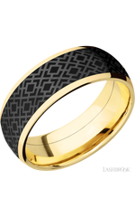 8 mm wide/Domed/14K Yellow Gold band with one 6 mm Centered inlay of Zirconium with a laser carved Trellis 2 pattern.