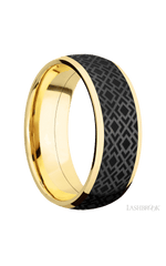 8 mm wide/Domed/14K Yellow Gold band with one 6 mm Centered inlay of Zirconium with a laser carved Trellis 2 pattern.
