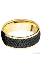 8 mm wide/Domed/14K Yellow Gold band with one 6 mm Centered inlay of Zirconium with a laser carved Trellis 2 pattern.