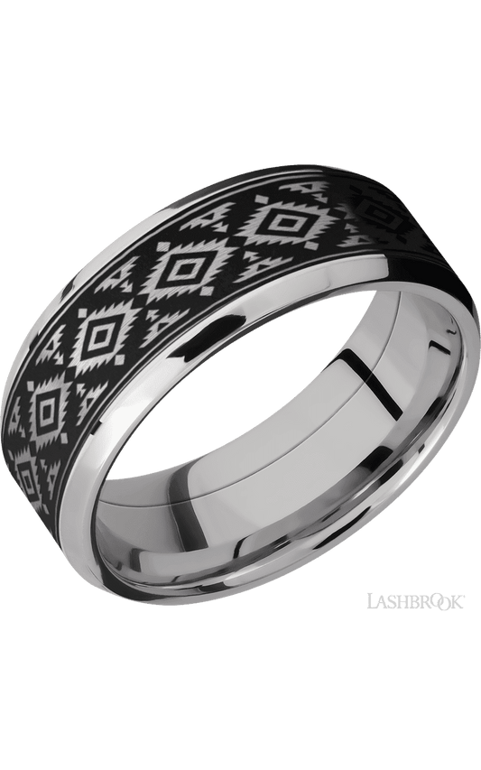 8 mm wide/Beveled/Cobalt Chrome band with one 6 mm Centered inlay of Tantalum with a laser carved Aztec 2 pattern.