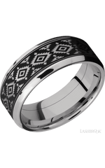 8 mm wide/Beveled/Cobalt Chrome band with one 6 mm Centered inlay of Tantalum with a laser carved Aztec 2 pattern.