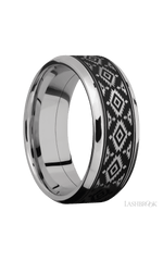 8 mm wide/Beveled/Cobalt Chrome band with one 6 mm Centered inlay of Tantalum with a laser carved Aztec 2 pattern.