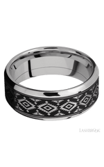 8 mm wide/Beveled/Cobalt Chrome band with one 6 mm Centered inlay of Tantalum with a laser carved Aztec 2 pattern.