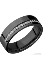 7 mm wide/Flat/Zirconium band with a Off Center Half Eternity arrangement of .015 carat Round Diamond stones in a Bead setting.