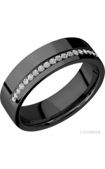 7 mm wide/Flat/Zirconium band with a Off Center Half Eternity arrangement of .015 carat Round Diamond stones in a Bead setting.