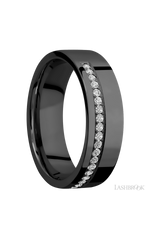 7 mm wide/Flat/Zirconium band with a Off Center Half Eternity arrangement of .015 carat Round Diamond stones in a Bead setting.
