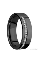 7 mm wide/Flat/Zirconium band with a Off Center Half Eternity arrangement of .015 carat Round Diamond stones in a Bead setting.